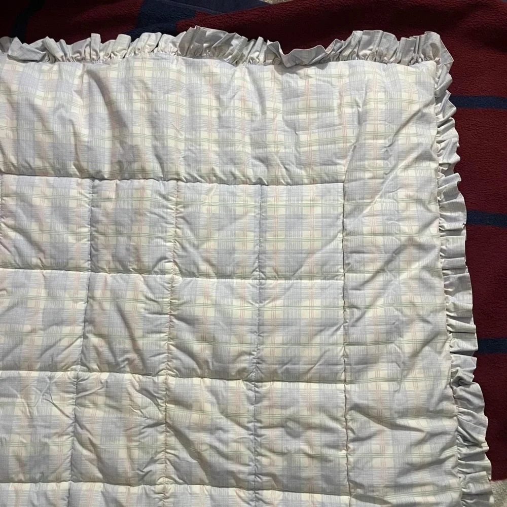 Laura Ashley Mother & Child Baby Nursery Blanket blue plaid quilted ruffle trim